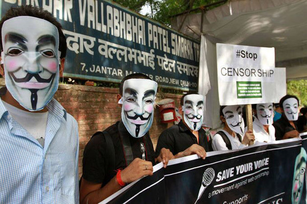 Anonymous protest in India with participants wearing the symbolic Guy Fawkes masks adopted by Anonymous
