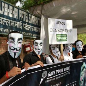 Anonymous protest in India with participants wearing the symbolic Guy Fawkes masks adopted by Anonymous, Photo courtesy of Biella Coleman.