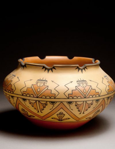 Polychrome jar with cut-out rim by Ricardo Ortiz, clay and paint, 2012