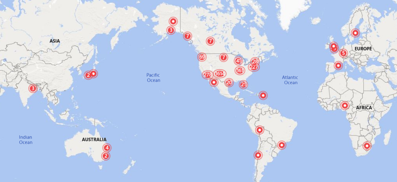 world map with red dots noting all of the 2020 calendar year registrants for public programs at the School for Advanced Research