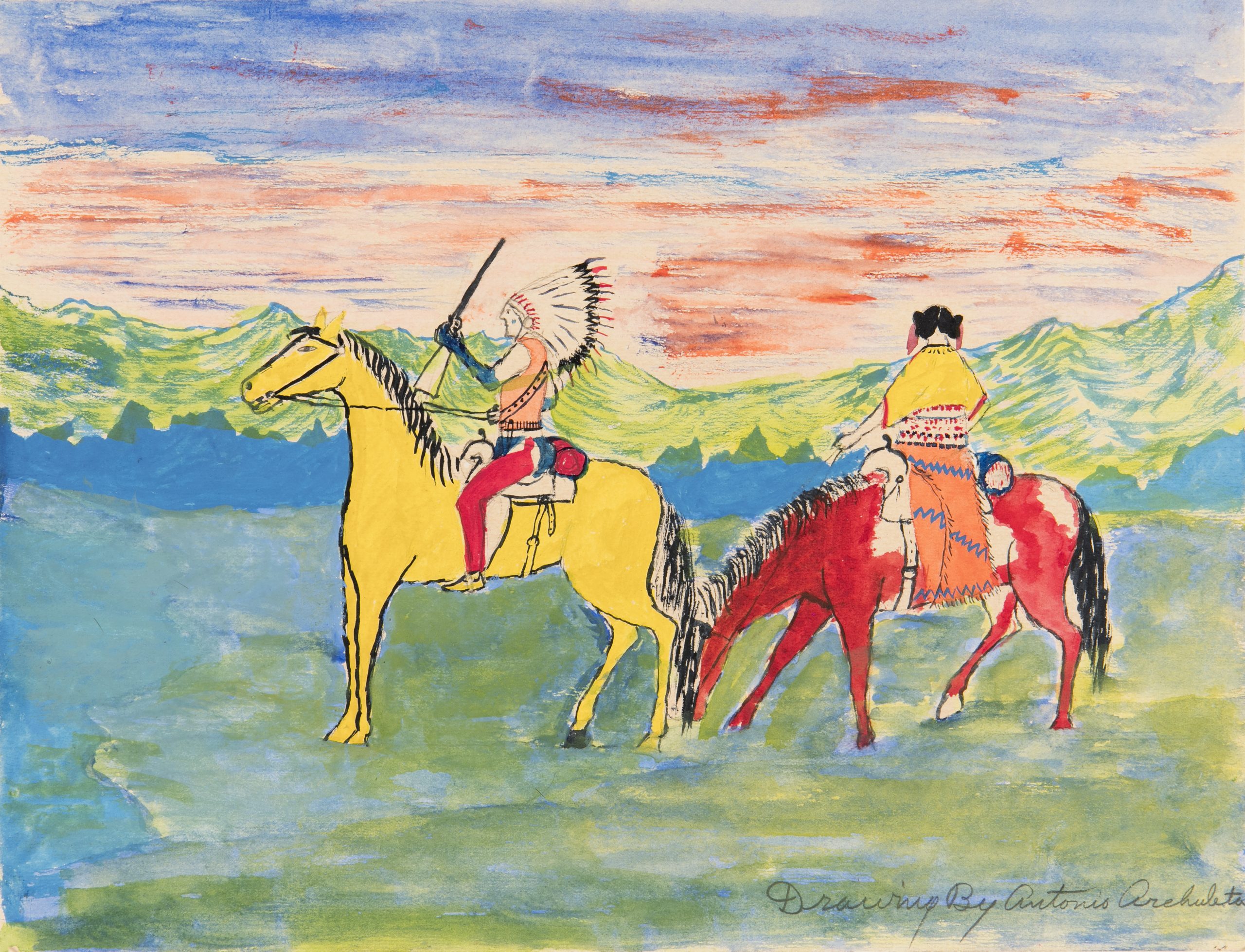 Antonio Archuleta. "Indians on Horseback", before 1933. Wove paper, watercolor. 8 ¼ × 10 ⅞  IAF.P35. Photograph by Addison Doty. Copyright 2018 School for Advanced Research.