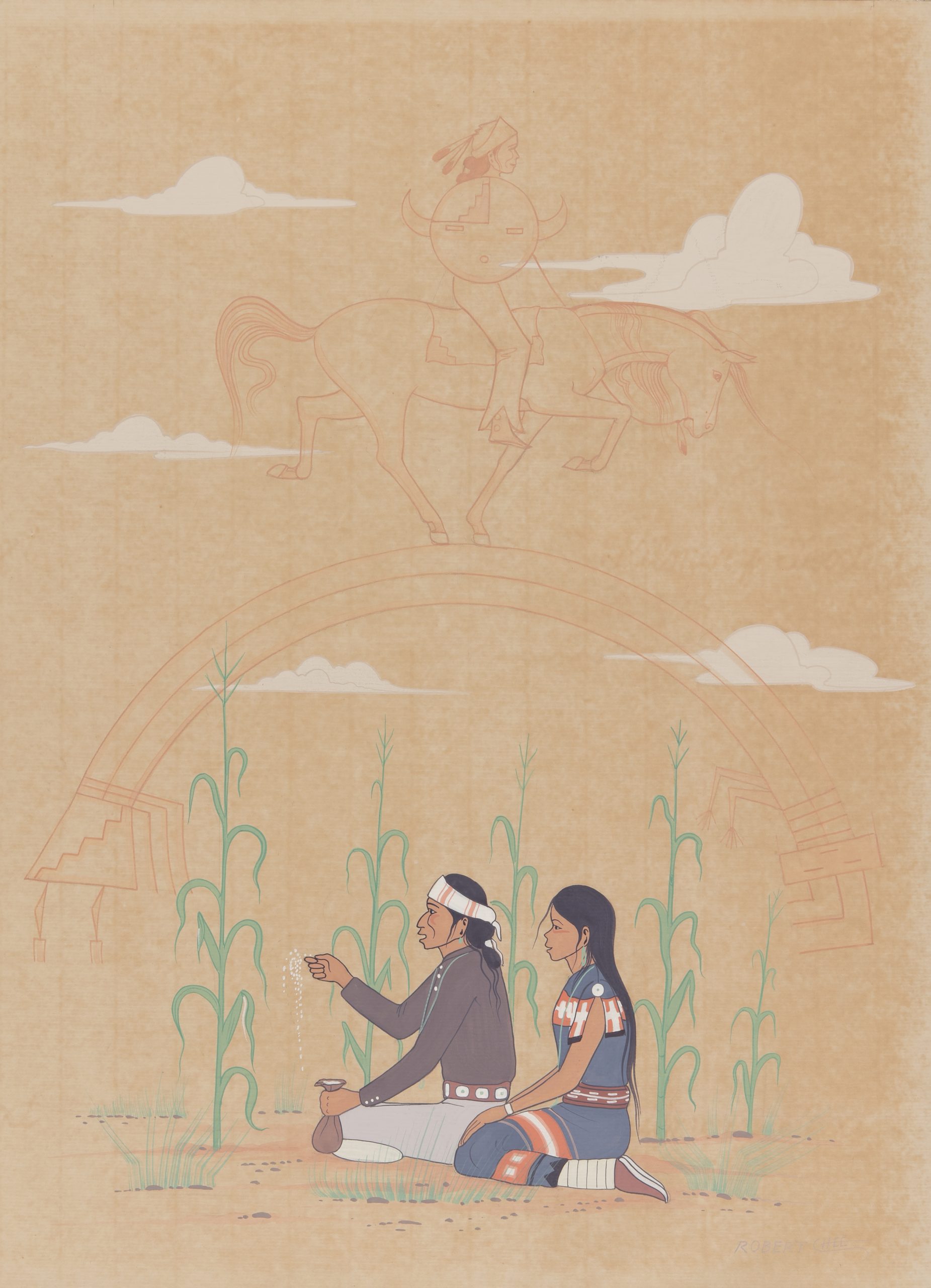 Robert Chee. Navajo Corn Blessing Ceremonial at Midday, c. 1960s. Illustration board, gouache paint. 20 x 15 in. SAR.1969-30. Photograph by Addison Doty. Copyright 2019 School for Advanced Research.