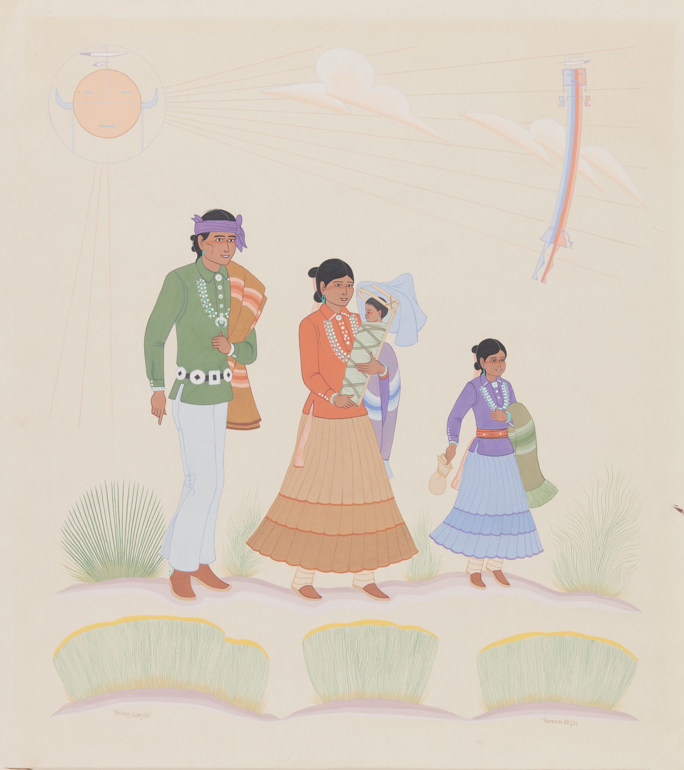 Harrison Begay (Haskay Yahne Yah). Untitled, c. 1960. Illustration board, casein paint. 19 ½ x 17 ½ in. SAR.1985-20-95. Photograph by Addison Doty. Copyright 2019 School for Advanced Research.