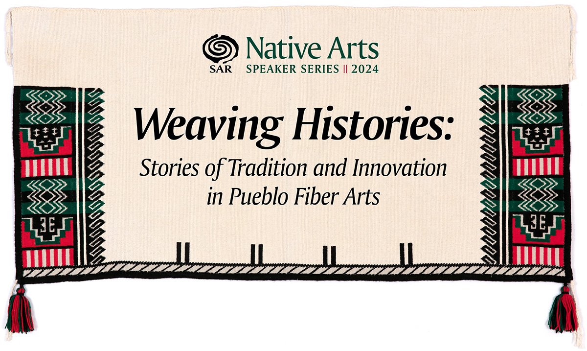 SAR Native Arts Speaker Series 2024. Weaving Histories: Stories of Tradition and Innovation in Pueblo Fiber Arts. Image of Kilt, Suzanne Marie Herrera Naranjo (San Ildefonso Pueblo), 2023, cotton, wool and dyes, 35 1/2 × 50 3/8 in