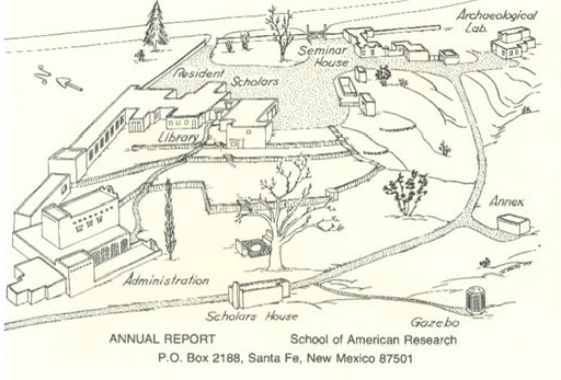 The 1974 Map of the SAR Campus demonstrates how the campus has changed over time. 1974 Annual Report, SAR Publications, Catherine McElvain Library, School for Advanced Research.