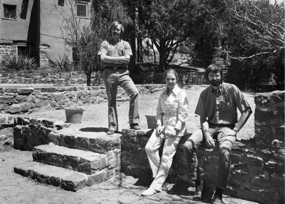 The first three Weatherhead resident scholar fellows on the new campus of the School of American Research in 1974. Left to right: Edwin L. Wade (1973-5), Joann W. Kealiinohomoku (1974-5), Earl Wesley Jernigan (1974-6). Photo courtesy of the School for Advanced Research.